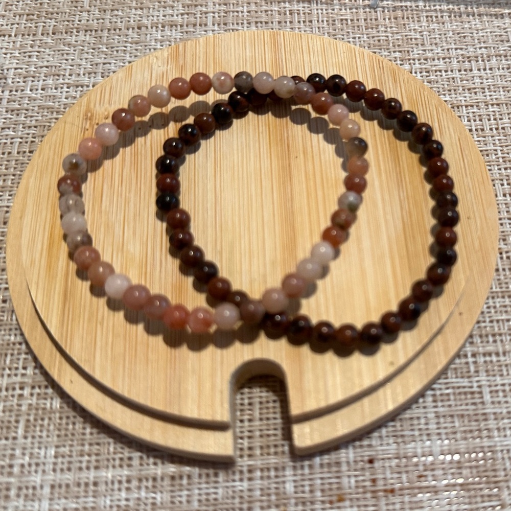Natural Red Obsidian & Plum Jade Beaded Bracelet Set (4.5 mm)